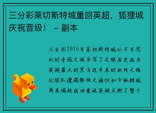 三分彩莱切斯特城重回英超，狐狸城庆祝晋级！ - 副本
