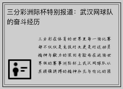 三分彩洲际杯特别报道：武汉网球队的奋斗经历