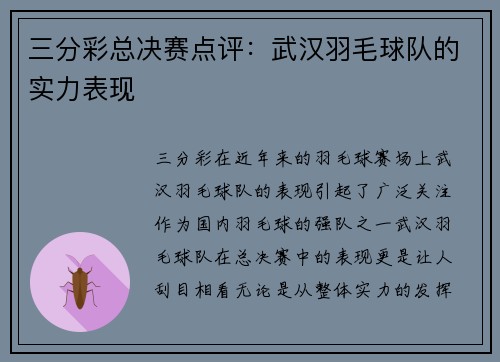 三分彩总决赛点评：武汉羽毛球队的实力表现