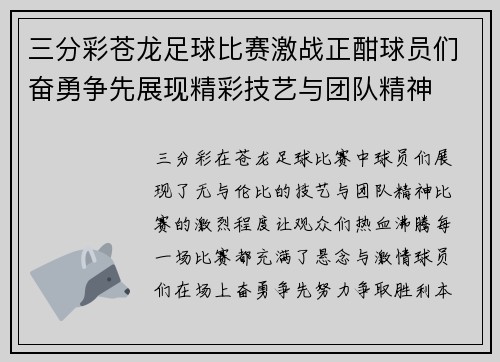 三分彩苍龙足球比赛激战正酣球员们奋勇争先展现精彩技艺与团队精神