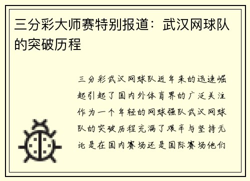 三分彩大师赛特别报道：武汉网球队的突破历程