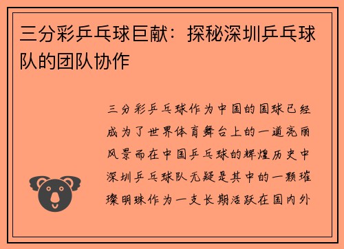 三分彩乒乓球巨献：探秘深圳乒乓球队的团队协作