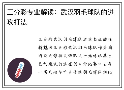 三分彩专业解读：武汉羽毛球队的进攻打法